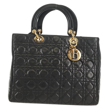 Christian Dior Canage Lady Dior Hand Bag Lamb Skin 2way Black Gold Auth 148689V - 0