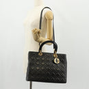 Christian Dior Canage Lady Dior Hand Bag Lamb Skin 2way Black Gold Auth 148689V-27