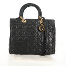 Christian Dior Canage Lady Dior Hand Bag Lamb Skin 2way Black Gold Auth 148689V-27