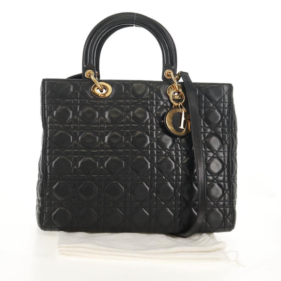 Christian Dior Canage Lady Dior Hand Bag Lamb Skin 2way Black Gold Auth 148689V