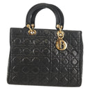 Christian Dior Canage Lady Dior Hand Bag Lamb Skin 2way Black Gold Auth 148689V-13