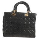 Christian Dior Canage Lady Dior Hand Bag Lamb Skin 2way Black Gold Auth 148689V-2