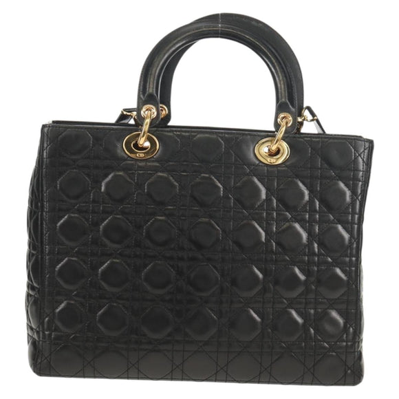 Christian Dior Canage Lady Dior Hand Bag Lamb Skin 2way Black Gold Auth 148689V