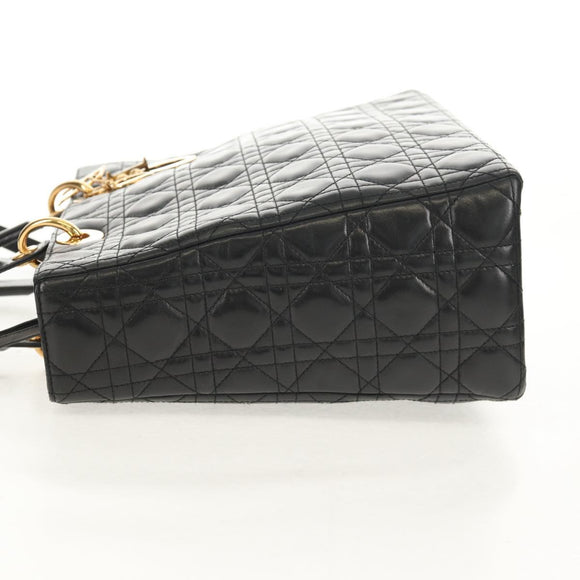 Christian Dior Canage Lady Dior Hand Bag Lamb Skin 2way Black Gold Auth 148689V