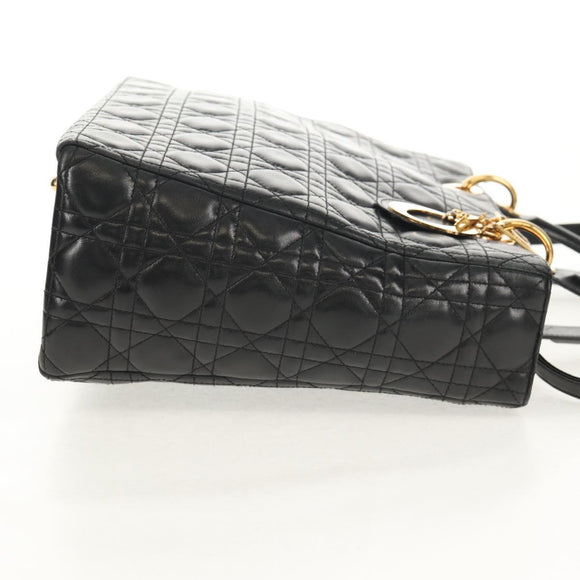 Christian Dior Canage Lady Dior Hand Bag Lamb Skin 2way Black Gold Auth 148689V