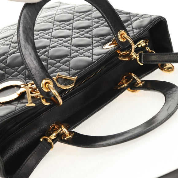 Christian Dior Canage Lady Dior Hand Bag Lamb Skin 2way Black Gold Auth 148689V