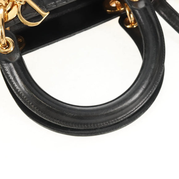 Christian Dior Canage Lady Dior Hand Bag Lamb Skin 2way Black Gold Auth 148689V