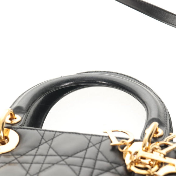 Christian Dior Canage Lady Dior Hand Bag Lamb Skin 2way Black Gold Auth 148689V