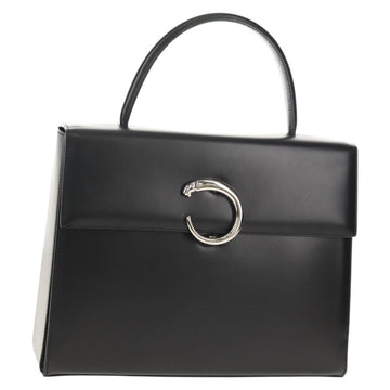 CARTIER Hand Bag Leather Silver Black Auth 148692V