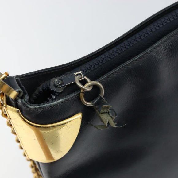 Old GUCCI Chain Shoulder Bag Leather Black Gold Auth 148693