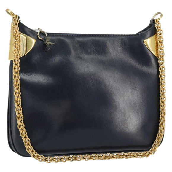 Old GUCCI Chain Shoulder Bag Leather Black Gold Auth 148693
