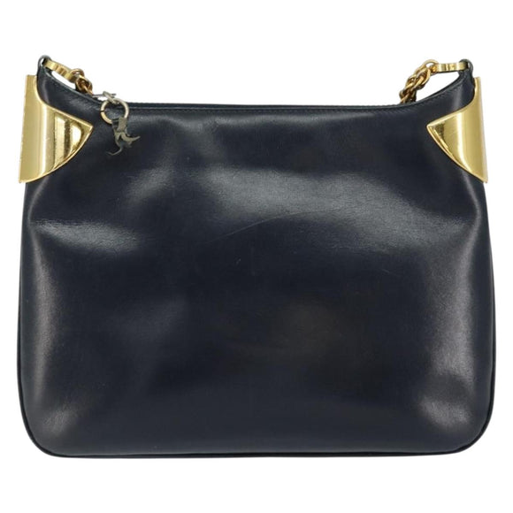 Old GUCCI Chain Shoulder Bag Leather Black Gold Auth 148693