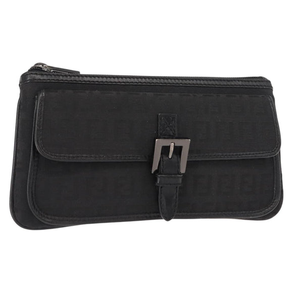 FENDI Zucchino Canvas Pouch Black Silver Auth 148781V