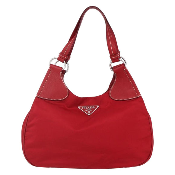 PRADA Shoulder Bag Nylon Leather Red Silver Auth 148785V