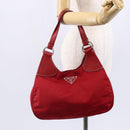 PRADA Shoulder Bag Nylon Leather Red Silver Auth 148785V-22
