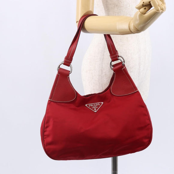 PRADA Shoulder Bag Nylon Leather Red Silver Auth 148785V