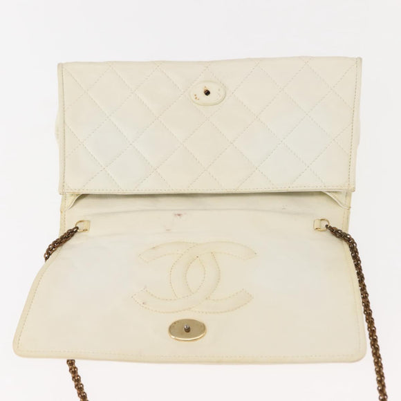 CHANEL Matelasse Chain Shoulder Bag Lamb Skin White Gold CC Auth 148797