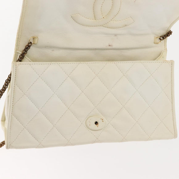 CHANEL Matelasse Chain Shoulder Bag Lamb Skin White Gold CC Auth 148797