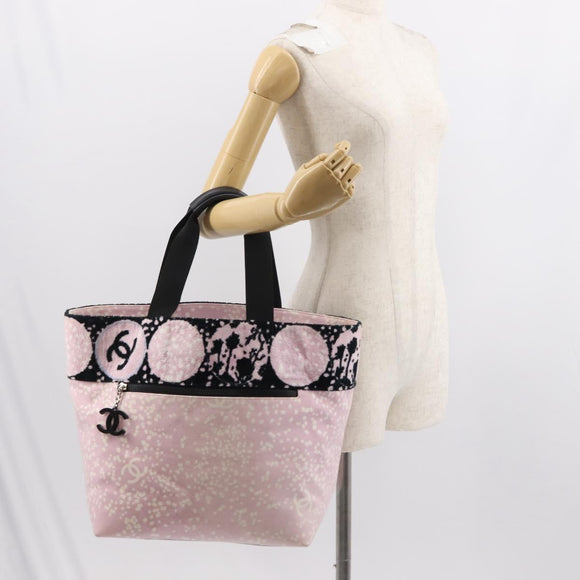 CHANEL High Summer Tote Bag Canvas Pink Silver CC Auth 148799