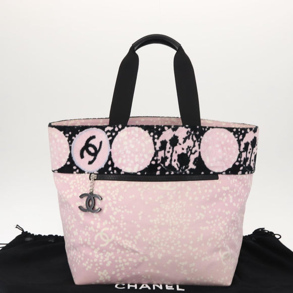 CHANEL High Summer Tote Bag Canvas Pink Silver CC Auth 148799