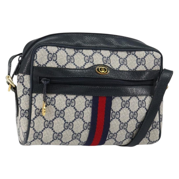 GUCCI GG Supreme Sherry Line Bag PVC Navy Gold Red 378 02 004 Auth 148802