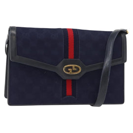 GUCCI GG Canvas Sherry Line Shoulder Bag Navy Gold Red Auth 148806