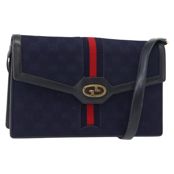 GUCCI GG Canvas Sherry Line Shoulder Bag Navy Gold Red Auth 148806