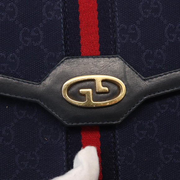 GUCCI GG Canvas Sherry Line Shoulder Bag Navy Gold Red Auth 148806
