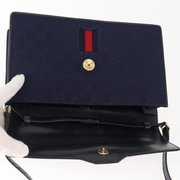 GUCCI GG Canvas Sherry Line Shoulder Bag Navy Gold Red Auth 148806