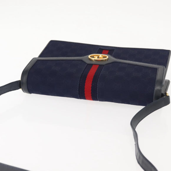 GUCCI GG Canvas Sherry Line Shoulder Bag Navy Gold Red Auth 148806
