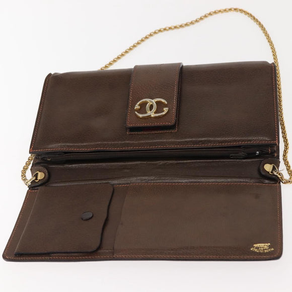 GUCCI Web Sherry Line Chain Shoulder Bag Leather Vintage Brown Gold Auth 148829