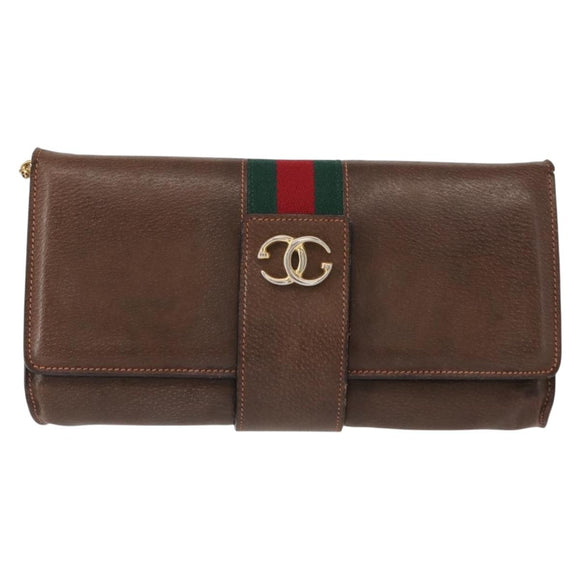 GUCCI Web Sherry Line Chain Shoulder Bag Leather Vintage Brown Gold Auth 148829