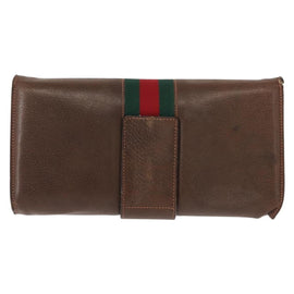 GUCCI Web Sherry Line Chain Shoulder Bag Leather Vintage Brown Gold Auth 148829 - 0