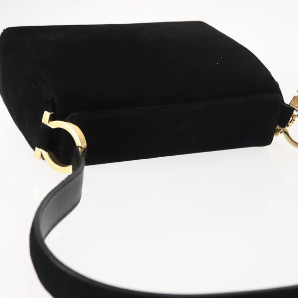 Salvatore Ferragamo Gancini Shoulder Bag Suede Black Gold Auth 148886