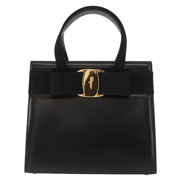Salvatore Ferragamo Vala Hand Bag Leather Black Gold Auth 148890
