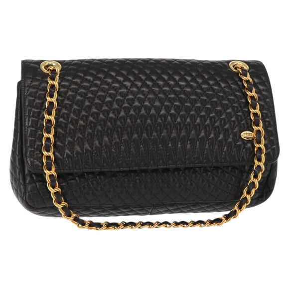 BALLY Chain Shoulder Bag Leather Black Gold Auth 148916