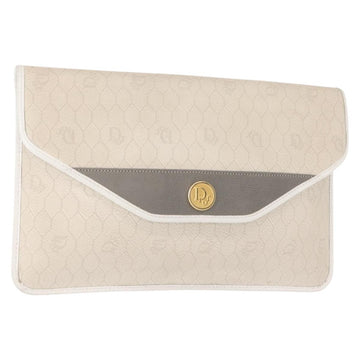 Christian Dior Honeycomb Canvas Clutch Bag PVC Leather White Gold Auth 148952