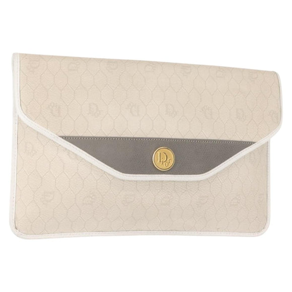 Christian Dior Honeycomb Canvas Clutch Bag PVC Leather White Gold Auth 148952