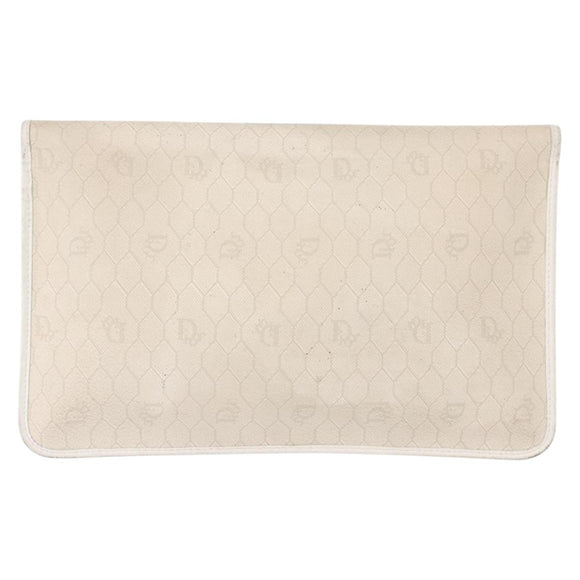 Christian Dior Honeycomb Canvas Clutch Bag PVC Leather White Gold Auth 148952