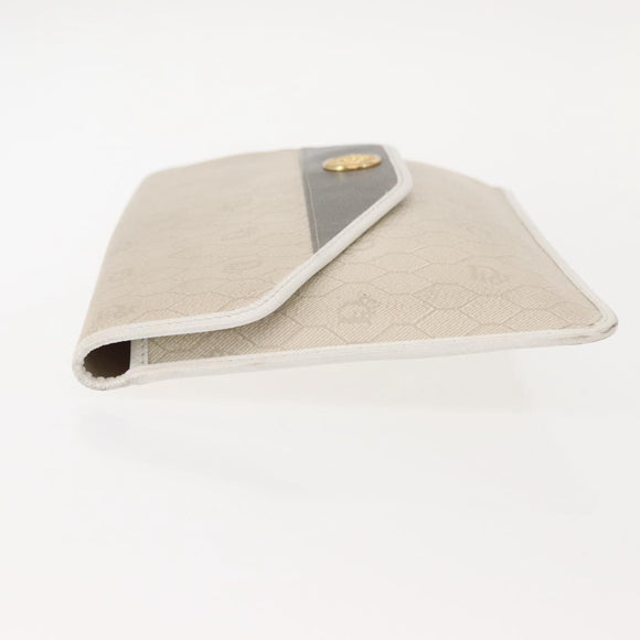 Christian Dior Honeycomb Canvas Clutch Bag PVC Leather White Gold Auth 148952