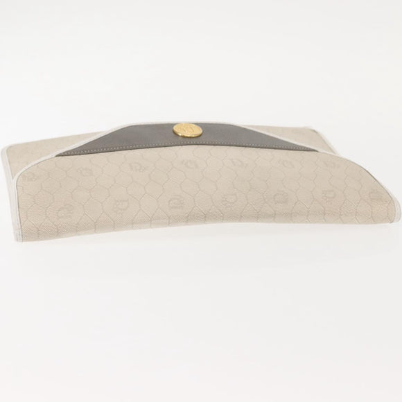 Christian Dior Honeycomb Canvas Clutch Bag PVC Leather White Gold Auth 148952