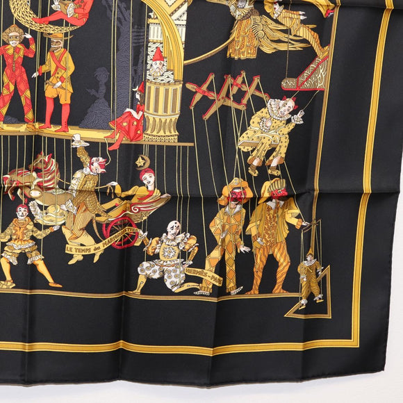 HERMES Carre 90 Scarf ""LE TEMPS des MARIONNETTES"" Silk Black Auth 148961