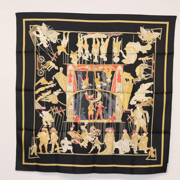 HERMES Carre 90 Scarf ""LE TEMPS des MARIONNETTES"" Silk Black Auth 148961