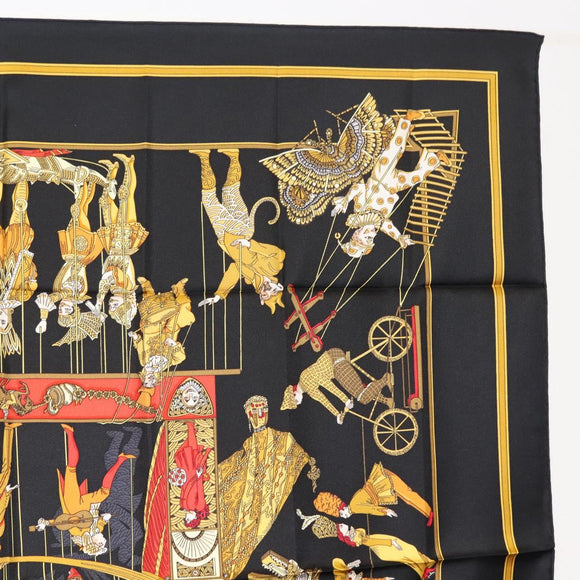 HERMES Carre 90 Scarf ""LE TEMPS des MARIONNETTES"" Silk Black Auth 148961