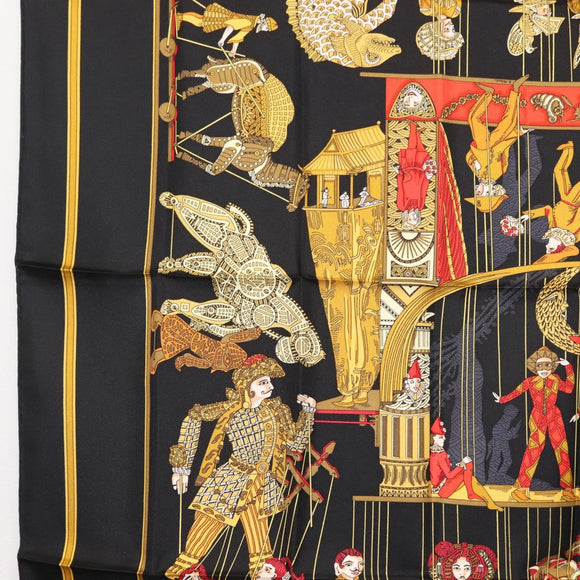 HERMES Carre 90 Scarf ""LE TEMPS des MARIONNETTES"" Silk Black Auth 148961