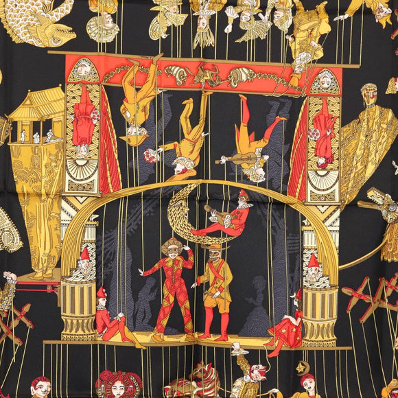 HERMES Carre 90 Scarf ""LE TEMPS des MARIONNETTES"" Silk Black Auth 148961