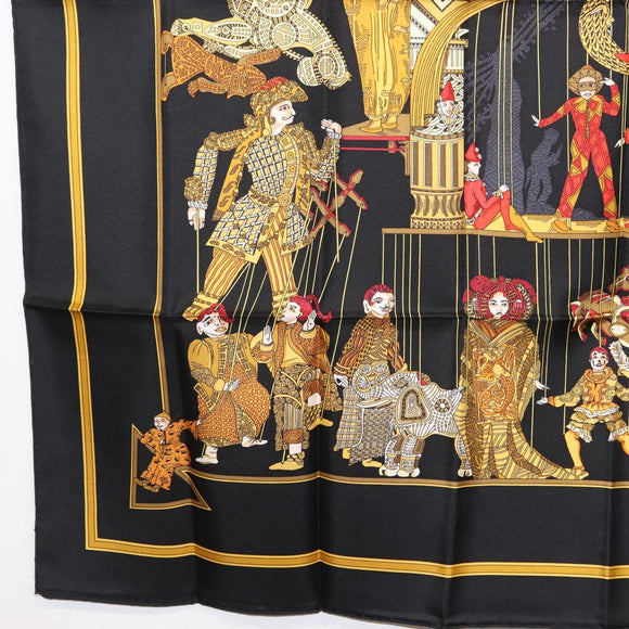 HERMES Carre 90 Scarf ""LE TEMPS des MARIONNETTES"" Silk Black Auth 148961