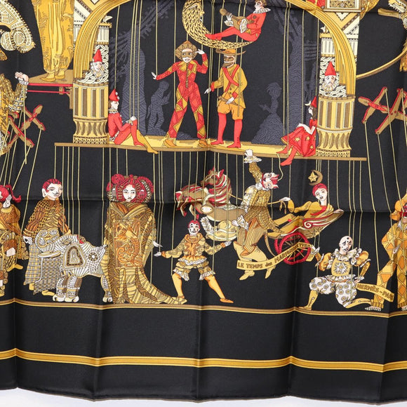 HERMES Carre 90 Scarf ""LE TEMPS des MARIONNETTES"" Silk Black Auth 148961