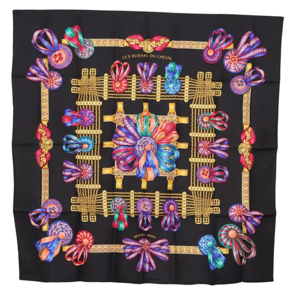 HERMES Carre 90 Scarf ""LES RUBANS DU CHEVAL "" Silk Black Auth 148964