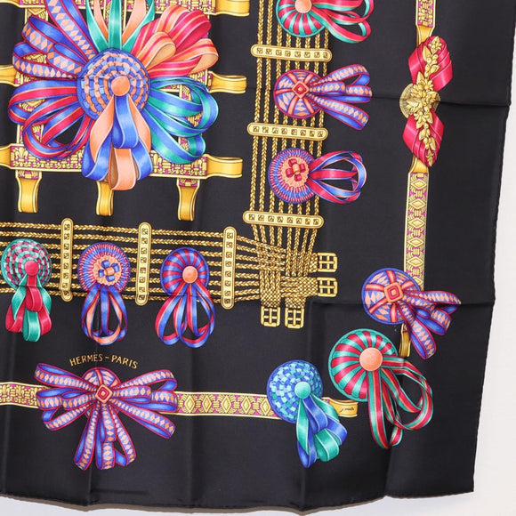 HERMES Carre 90 Scarf ""LES RUBANS DU CHEVAL "" Silk Black Auth 148964